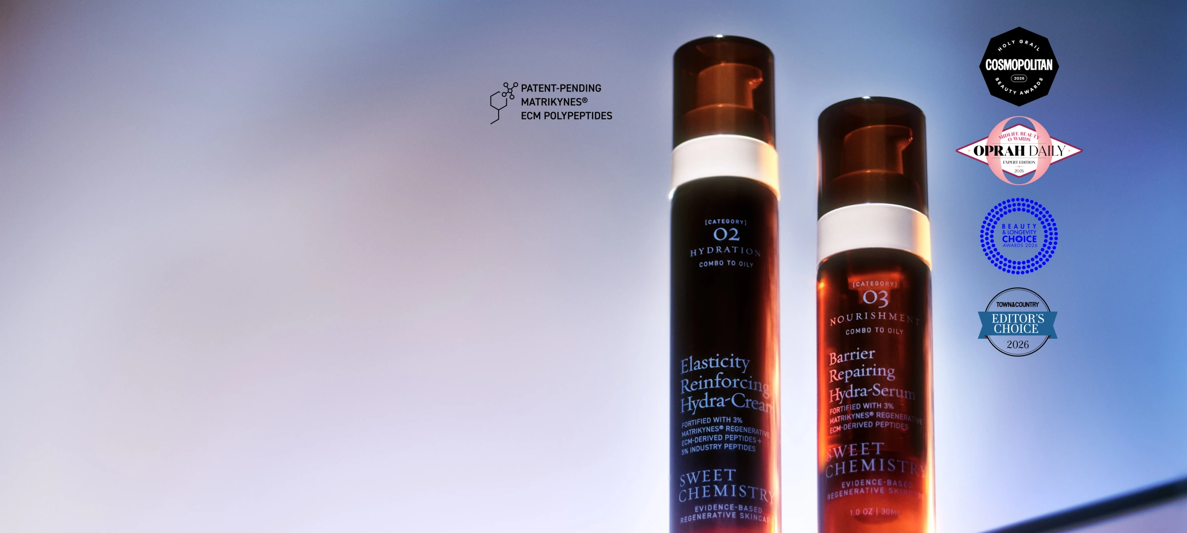 Elasticity Reinforcing Hydra-Cream and Barrier Repairing Hydra-Serum in amber airless glass bottles