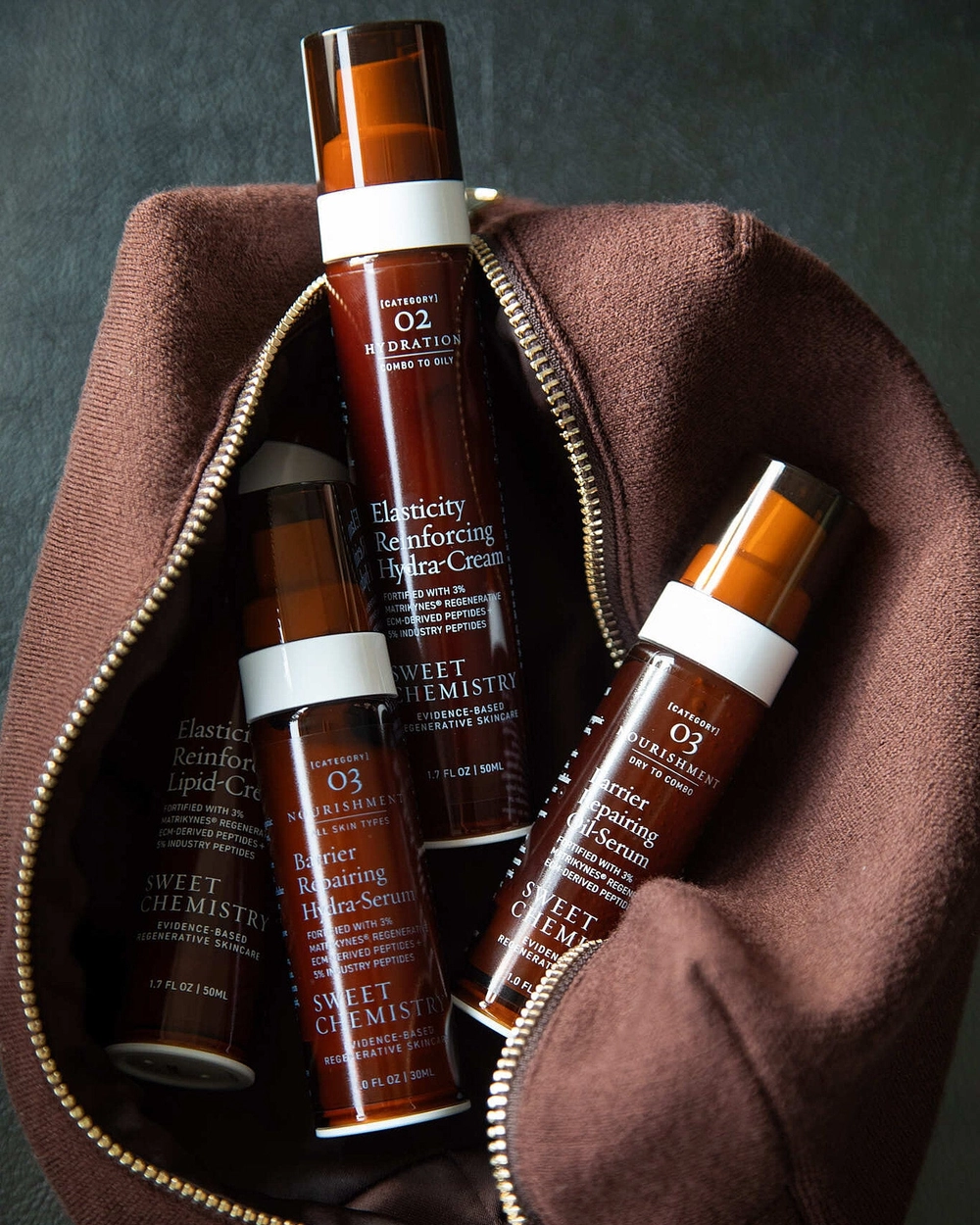 The Merino Essentials Bag open with three Sweet Chemistry bottles inside